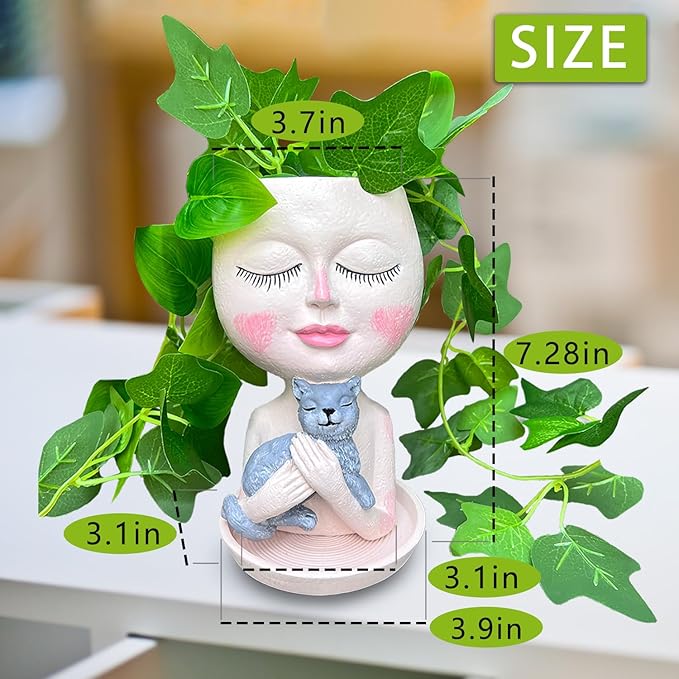Face Plant Pots Head Planters - Face Flower Pot Head Planter with Cat, Succulent Pots with Drainage Hole, Resin Lady Planter for Indoor Outdoor, Home Decor, Mother's Day/Women Gifts