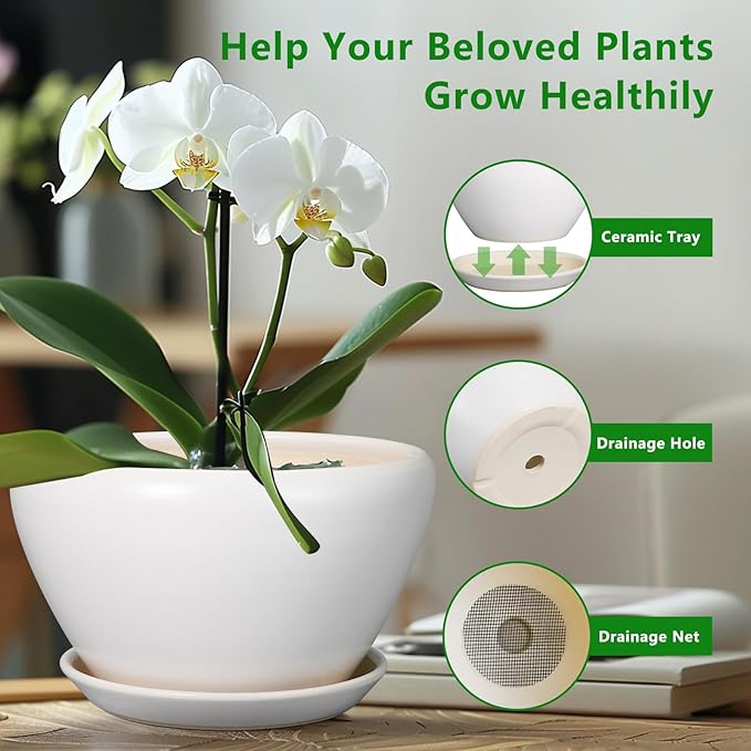 Ceramic Planter - 9 Inch Plant Pot Indoor with Drainage Hole and Saucer for Outdoor Plants Mid-Century Round Planter Modern Flower Pot for House Garden White