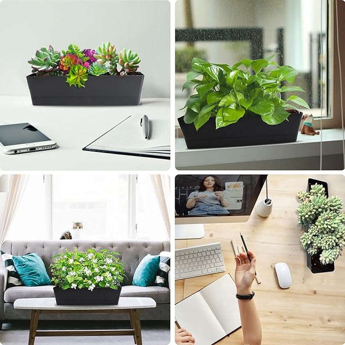 GREANER Herb Window Boxes 1PCS 16x3.8 Inch, Black Planter with Removable Trays and Drainage Holes, Succulent Flower Rectangular Plastic Pot for Balcony, Office, Windowsill, Garden, Indoor Outdoor Use