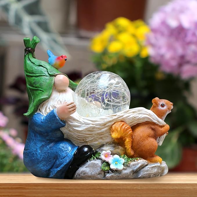 Garden Gnomes Statue Outdoor Decor,Solar Gnome Statue for Outside -Resin Blue Gnome Yard Art Gifts for Mom,Grandmam Birthday Gift