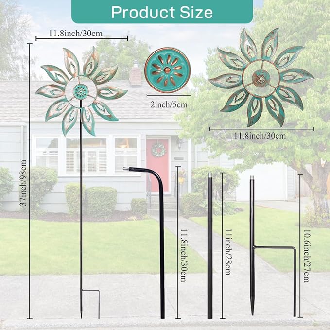 VEWOGARDEN Metal Flower Wind Spinners Outdoor, Garden Kinetic Wind Sculptures & Spinners for Yard Lawn Patio Decorations, Light Green