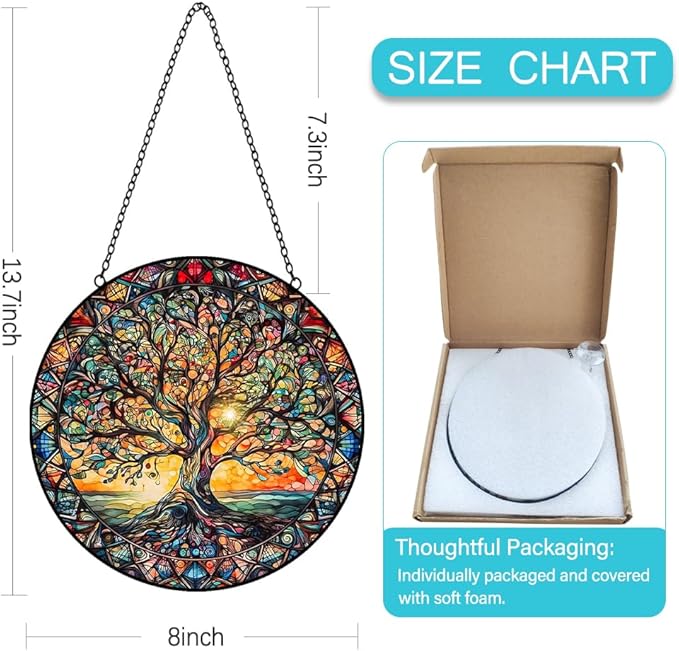 Tree of Life Suncatcher Stained Glass Window Hanging - 8″ Handmade Sun Catchers Indoor Window Valentines Day Decorations with Hooks and Chain - Wall Art Home Decor Panel Gifts for Women Men Mom Dad