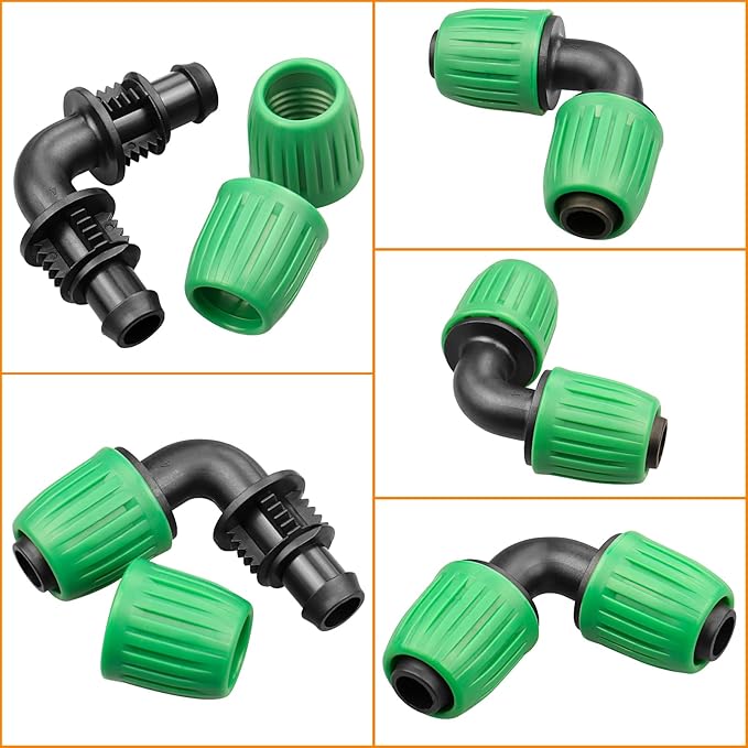 Drip Irrigation Fittings for 1/2 inch Tubing (0.60"-0.63" OD), 12 Pieces Barbed Elbow Drip Parts Locked Elbow Connectors, Drip Line Nuts Connectors for 1/2" Drip Irrigation Hose(Green)