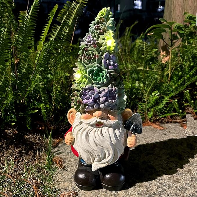 Solar Powered Gnome with Flower Hat and Shovel, Decorated Solar Light, Garden Decorations Statues, Garden Light Decor