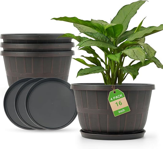 Quarut Plant Planters Pots Set of 4 Pack 16 Inch，Large Plastic Flower Pot for Indoor Plants with Drainage Holes & Trays, Whiskey Barrel Planters with Saucer for House Outdoor Garden Plant（Brown）