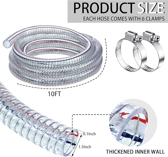 Frienda Heavy Duty Steel Wire Flexible Tubing with Fasteners PVC High Pressure Drain Hose Tube Pond Tubing Clear Wire Reinforced for Pond Bilge Pump Vacuum Suction Hose(10 Ft, 1.5 Inch Id)
