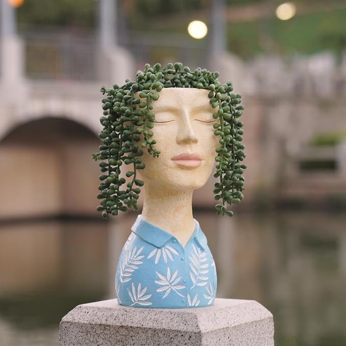 DiliComing Face Planter Pot Head Planter - Unique Planters Resin Male Bust Outdoor Planter Blue Head Planters for Indoor Plants Flower Pot Planter with Face Cute Plant Pots 5 x 6 x 10.5 Inch