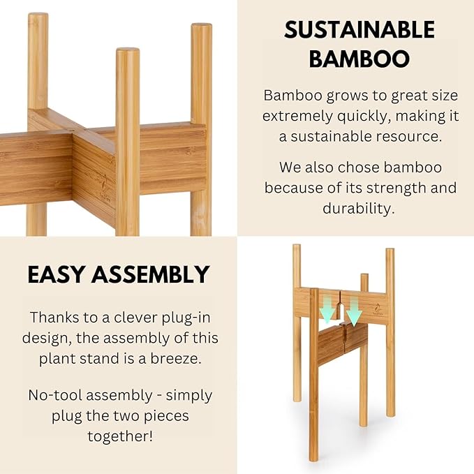 Fox & Fern Bamboo Plant Stand — 11.8 Inch Fixed Size Wooden Mid Century Planter Stand for Indoor Plants; Raised Large Flower Pot Holder for Indoor Big Pots; Plug In Design; Two Height Options - Bamboo