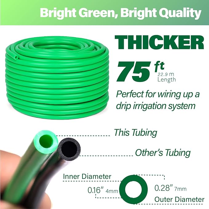 1/4 INCH Drip Irrigation Tubing, 75 ft Roll Green Blank Distribution Hose Perfect for DIY Garden Irrigation System, Hydroponics, Misting Tubing