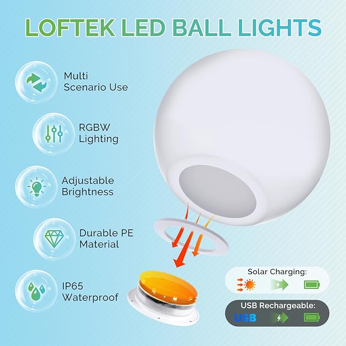 LOFTEK Solar Ball Lights with Ground Stake, RGBW Colors Changing Mood IP65 Waterproof Rechargeable Night Lights - Outdoor Solar Lights for Lawn Patio Yard Walkway, 8-inch