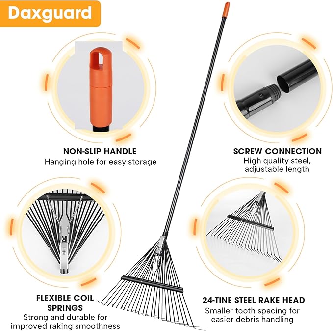 High-Carbon Steel Gardening Leaf Rake, Suitable for Raking Leaves and Lawn Tidying,Adjustable Split Long Handle 33-67", 24tines 23.2" Wide,Garden rake and thatch rake Suitable for Adults