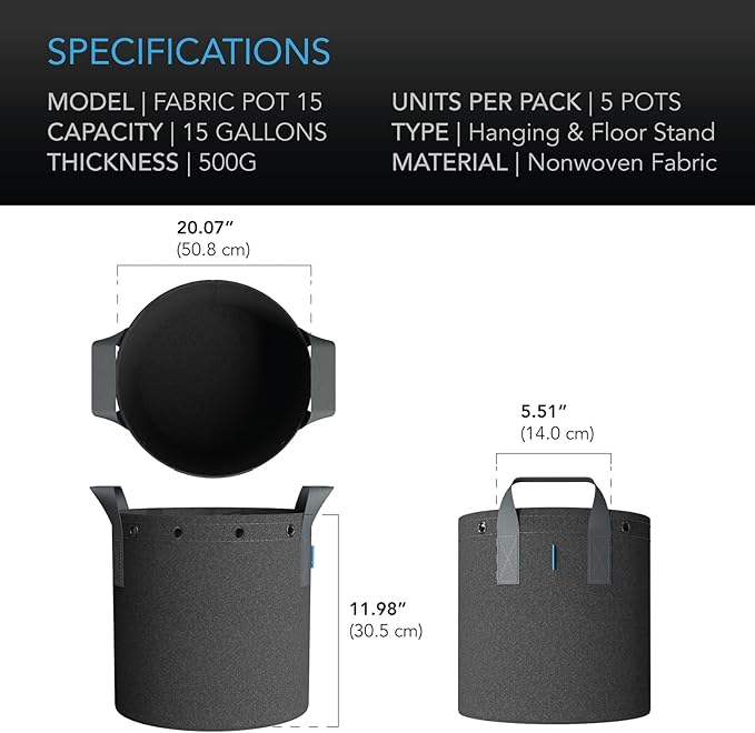 AC Infinity Heavy Duty Fabric Pots, 15 Gallon Aeration Reusable Grow Bags 5-Pack with 500G Thick Nonwoven Fabric and Multi-Purpose Rings, for Plant Hanging and Low Stress Training
