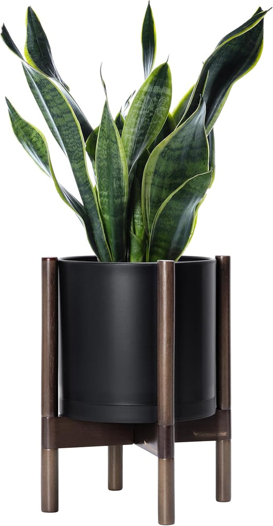 D'vine Dev Planter Pot with Stand - 10 Inch Plastic Cylinder Flower Pot with Wood Planter Holder for Indoor, Matte Black Pot + Walnut Color Stand, 55-C-L-2