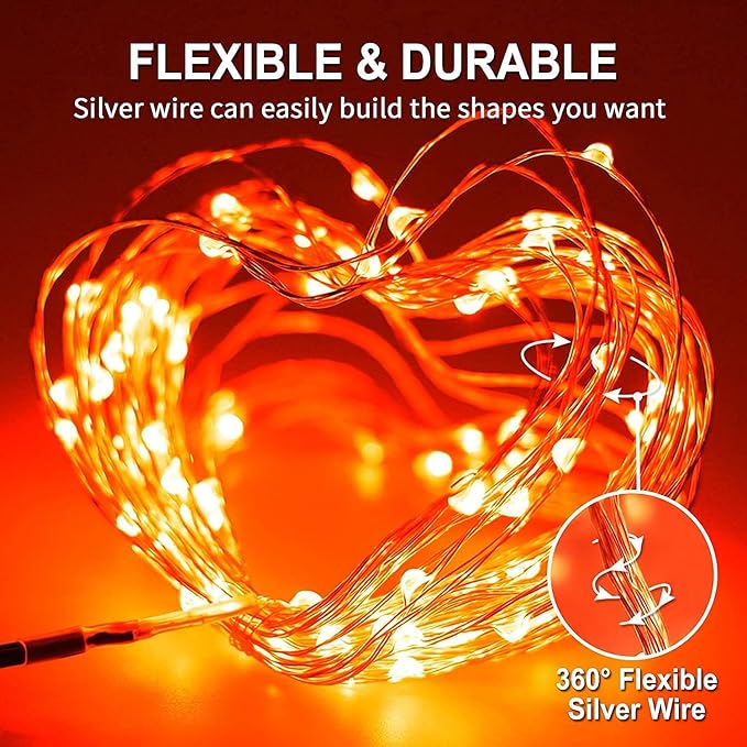 JMEXSUSS 2 Pack Orange Solar Halloween Lights, 66ft 200 LED Solar Fairy Lights Outdoor, Waterproof Solar String Lights for Tree Patio Garden Halloween Thanksgiving Decorations