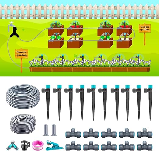 Garden Drip Irrigation System 49FT Automatic Drip Irrigation Kits, Plant Watering System with 12mm 6mm Irrigation Tubing Adjustable Emitters for Garden Outdoor Lawn Flowerbed