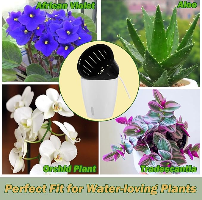 Planterhoma 5 Inch Self Watering Pots for Indoor Plants, 6 Packs White African Violet Pots with Water Indicator and Black Wick Pots, Self Watering Planters for Devil's Ivy, Indoor Plant Pots