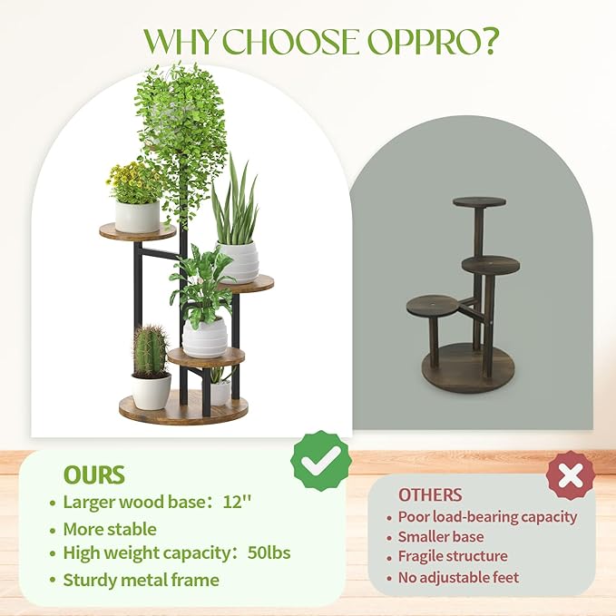 5 Tier Plant Stands Indoor Outdoor, Tiered Metal Wood Corner Plant Shelf for Multiple Plants, Tall Flower Stand Holder Display Rack for Living Room Balcony Garden Patio (Round)