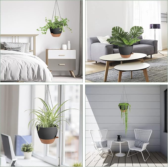 Hanging Planters for Indoor Outdoor Plants, 2 Pack Self Watering Hanging Pot with Drainage Holes & Removable Tray (Black, 10'')