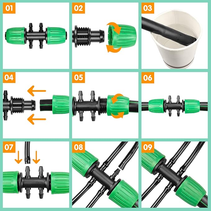 Drip Irrigation Fittings for 1/2" Tubing((0.60"-0.63" OD) to 1/4" Irrigation Tubing, 12 Pieces Barbed Tee Drip Fittings Twist Locked 6 Way Connectors for Drip Irrigation Hose (13mm ID / 4mm ID)