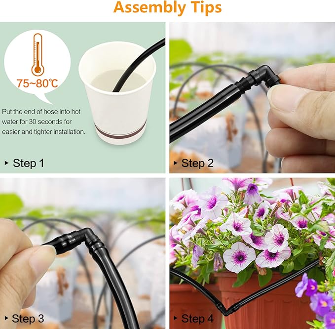 Drip Irrigation Fittings Kit for 1/4" Tubing, 240 Pcs Drip Line Connectors for Drip Systems - Nozzles, Micro Drips, Single barbs, 4 Way Connectors, Tees, Couplings, End Plugs, Elbows, Hose Stakes