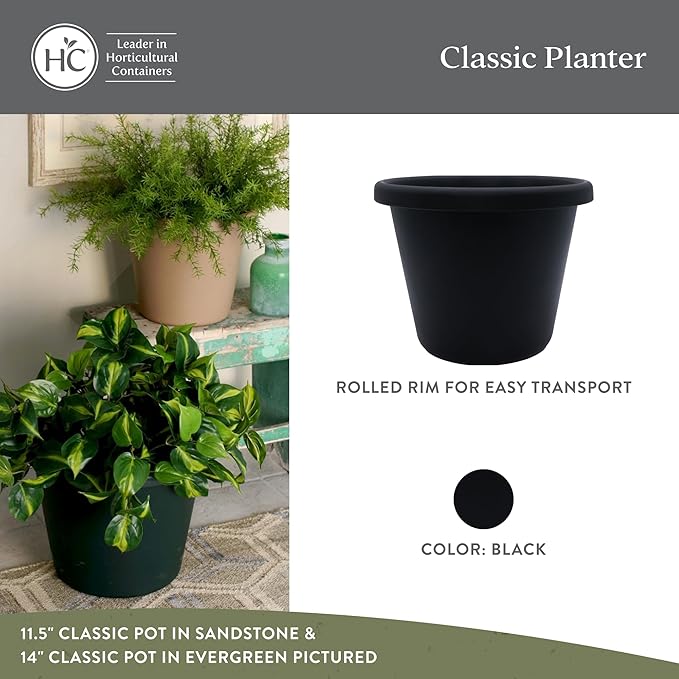 The HC Companies 14 inch Round Classic Planter - Plastic Plant Pot for Indoor Outdoor Plants Flowers Herbs, Black (2 Pack)