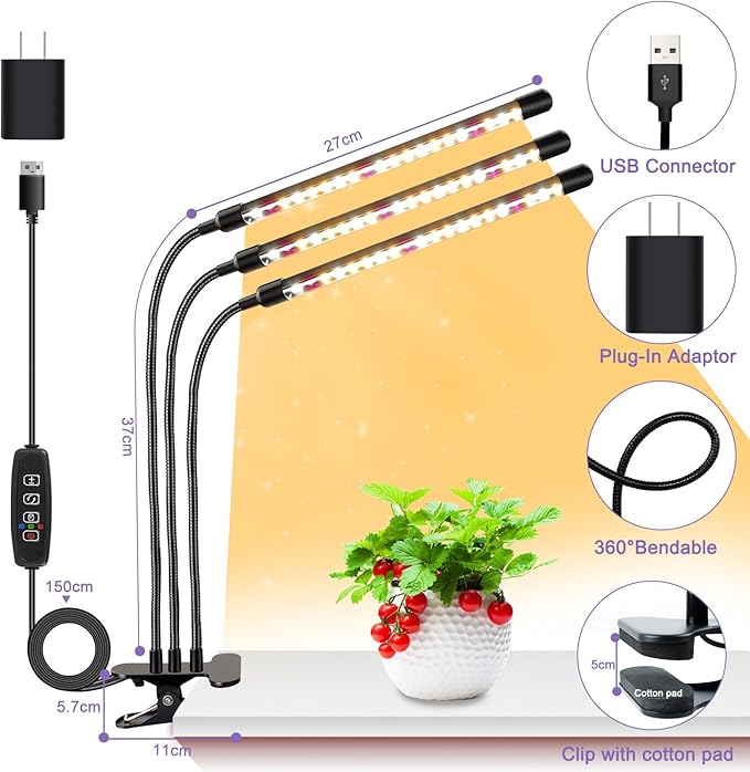 3head Plant Lights, 2Pack Grow Lights for Seed Starting, Full Spectrum Growing Lamps with Clip for Indoor Plants, Auto ON & Off Timer 3/9/12H, 3 Switch Modes, 10-Level Dimmable Brightness