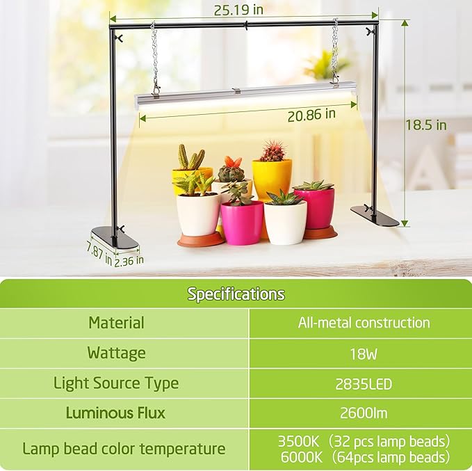 Saillong Seedling Grow Light with Stand for Indoor Plants, 18W Full Spectrum LED Grow Lamp with Metal Stand, Height Adjustable Seedling Grow Light for Seed Starting, Germination, Hydroponic (2 Pack)