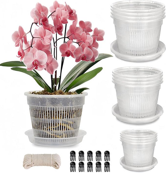 12 Pack Orchid Pot with Saucers, 4 Each of 4.5in, 5.5in and 6.3in Orchid Pots for Repotting, Clear Orchid Pots with Holes, Plastic Flower Plant Pot