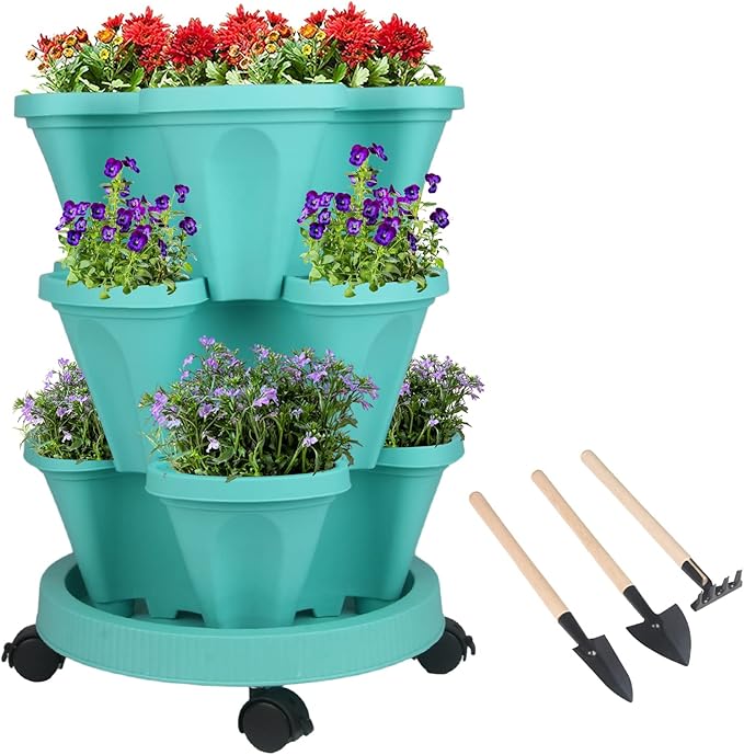 Vertical Planter 3 Tier Stackable Planters Garden Planters Strawberry Herb Flower and Vegetable Planter Indoor Outdoor Gardening Pots with Removable Wheels and Tools