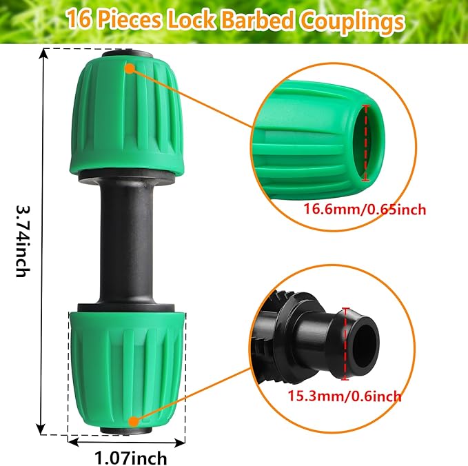 Drip Irrigation Fittings for 1/2 inch Tubing (0.60"-0.63" OD), 16 Pieces Barbed Coupling Drip Parts Locked Coupler Connectors, Drip Line Nuts Connectors for 1/2" Drip Irrigation Hose (13mm ID)