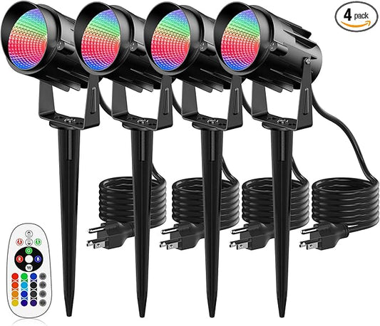 RGB Spotlight Outdoor 12W Color Changing Landscape Lighting with Remote Control Outdoor Spotlight for Yard 120V Waterproof Led Landscape Lights 4 Pack