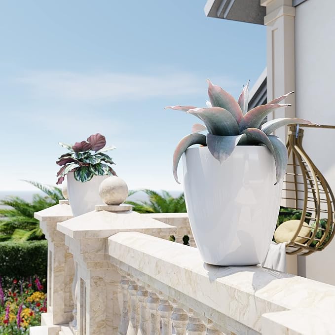 QCQHDU Plant Pots Set of 2 Pack,10 Inch Plant Pot for Indoor and Outdoor Plants with Drainage Hole,Flower Pots Modern Decorative Planter for Garden Plants (White)