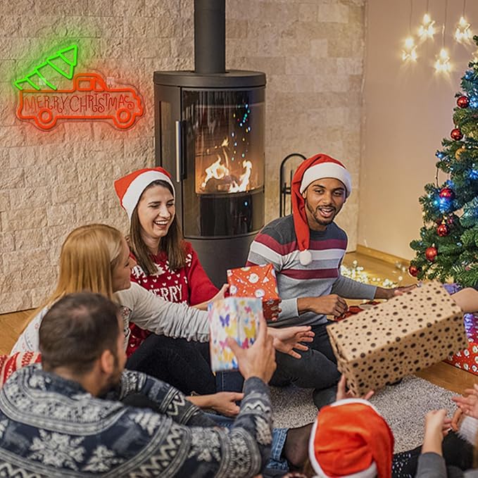 WLHOPE Christmas Truck Neon Sign,Merry Christmas Neon Signs for Wall Decor,Dimmable Merry Christmas Led Signs for Christmas Party Backdrop Bedroom Window Bar Club Shop,Christmas Gift Decoration