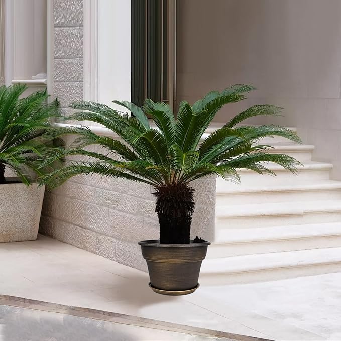 Plant Planters Pots Set of 4 Pack 13 Inch，Large Plastic Flower Pot for Indoor Plants with Drainage Holes & Trays, Resin Decorative Container Sets with Saucer for House Outdoor Garden Plant Dark Gold