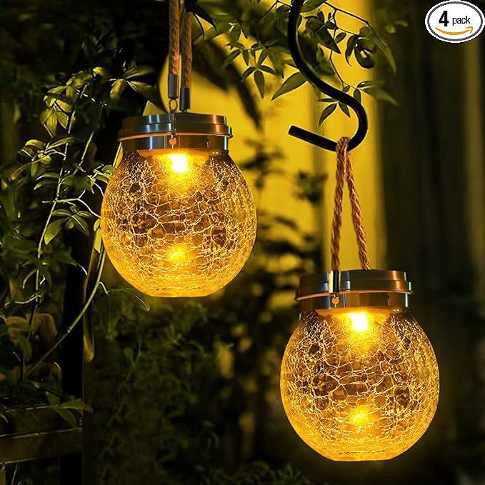 DBF Solar Lanterns Outdoor Waterproof, 4 Pack Hanging Solar Lights Outdoor, LED Cracked Glass Ball Globe Lantern Garden Decor for Patio Backyard Pathway Tree Porch Fence Events (Amber Warm & RGB)