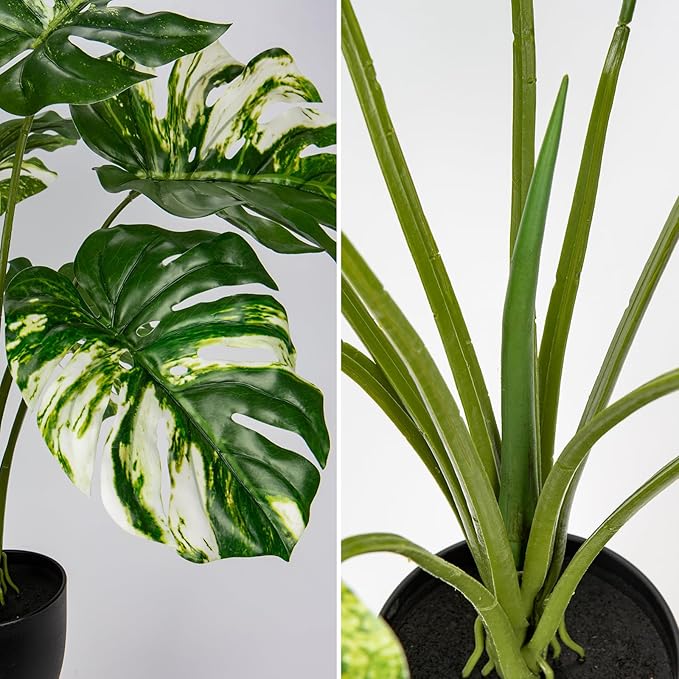 Hollyone Artificial Monstera Plant 17" Faux Monstera Deliciosa Plant in Black Pot Fake Swiss Cheese Tropical Plant Potted for Indoor Outdoor Floor Home Office Living Room Decor, 2 Pack