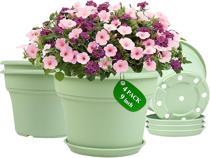 9 Inch Plastic-Flower Pot-for-Indoor Plants, 4 Pack Large Outdoor Planter Pot with Drainage Holes & Saucers, Resin Decorative Garden Pots Planters
