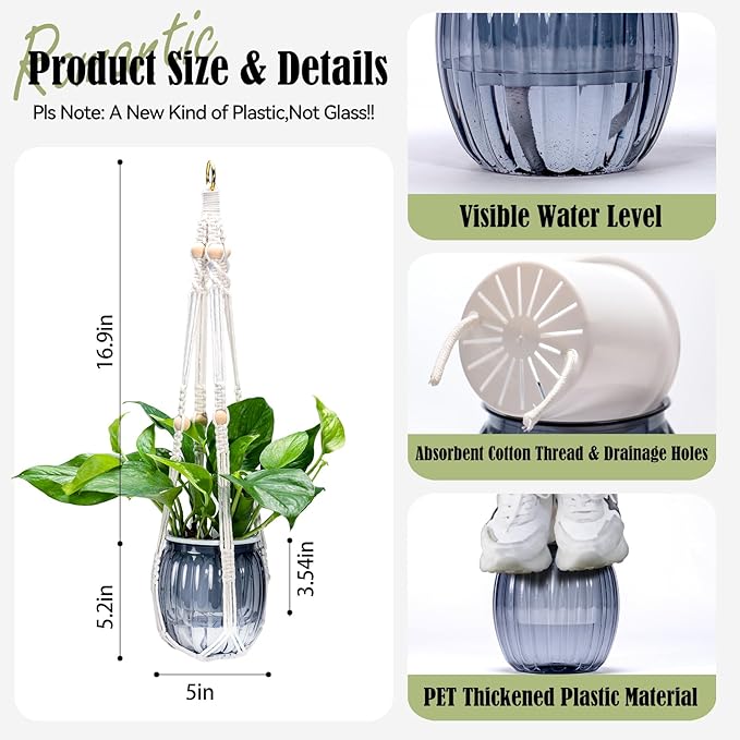 Small Hanging Planters Self Watering 5 Inch, 3 Set Hanging Plant Pot for Indoor Outdoor Plants, Hanging Flower Pots with Drainage Hole & 2 Kinds of Plant Hangers for Garden Home Decor