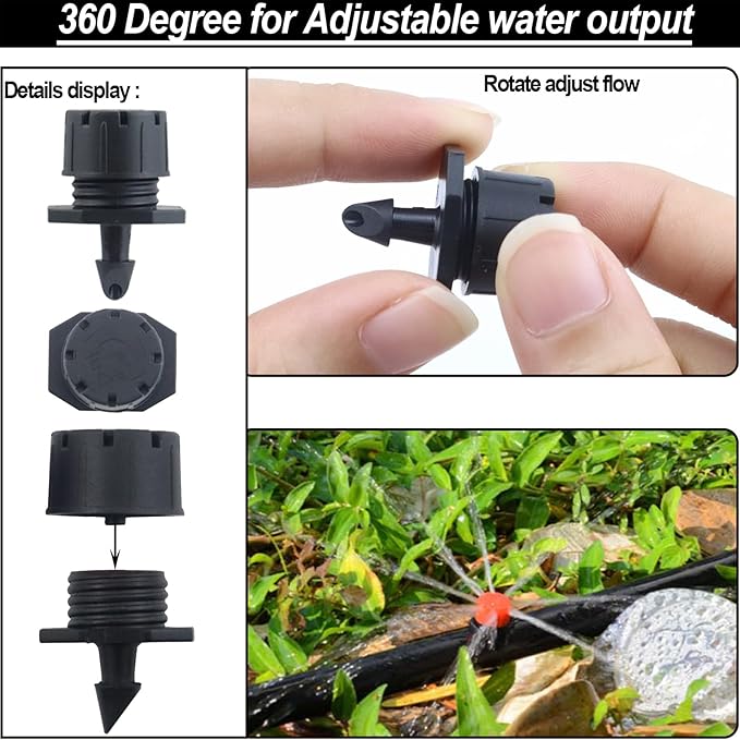 150 Pcs Adjustable Micro Drip Irrigation Sprinklers 1/4 Inch Universal 8-Hole Flow Dripper Garden Irrigation Nozzles for 4mm/7mm Tube Watering System (Black)