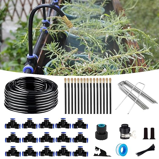 Drip Irrigation Kit,Automatic Garden Watering System with New Quick Connectors and 360-degree Bending Dropper Atomizing Nozzles for Watering System for Garden Plant Lawn Patio. (15 Nozzles)