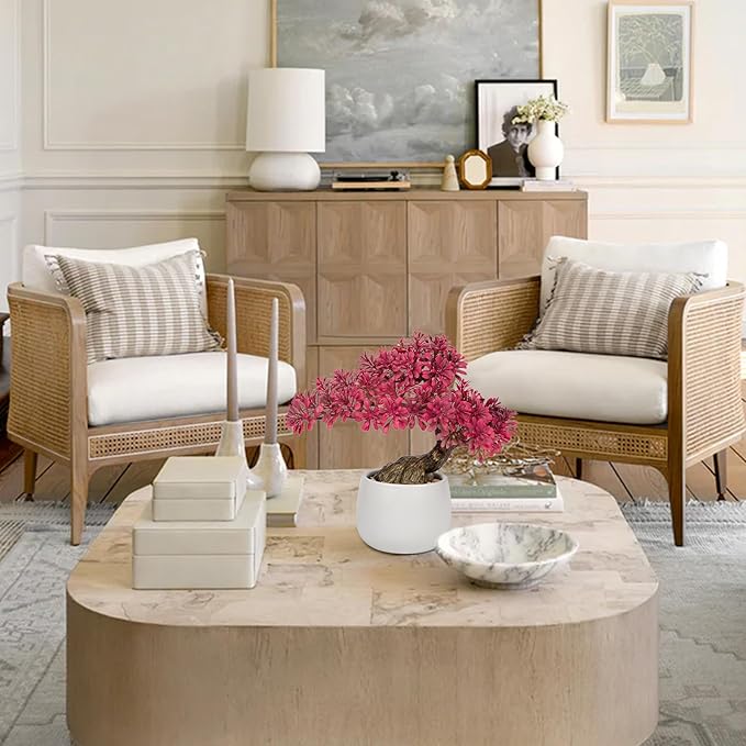 DILATATA Fake Bonsai Tree Zen Juniper Bonsai Plant 10” Tall Artificial Bonsai Trees with White Ceramic Pot Decorated with Pebbles Desk Plant Indoor Bonsai for Home Office Decor Pink