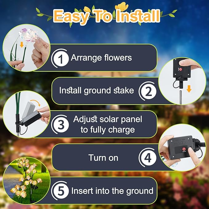 Solar Garden Lights Outdoor, 4 Pack 24-Head Artificial Flowers Solar Lights, IP65 Waterproof Garden Decoration for Yard Patio Path Cemetery Grave, Gifts for Mom Women Bithday Mother's Day-Auto ON/Off