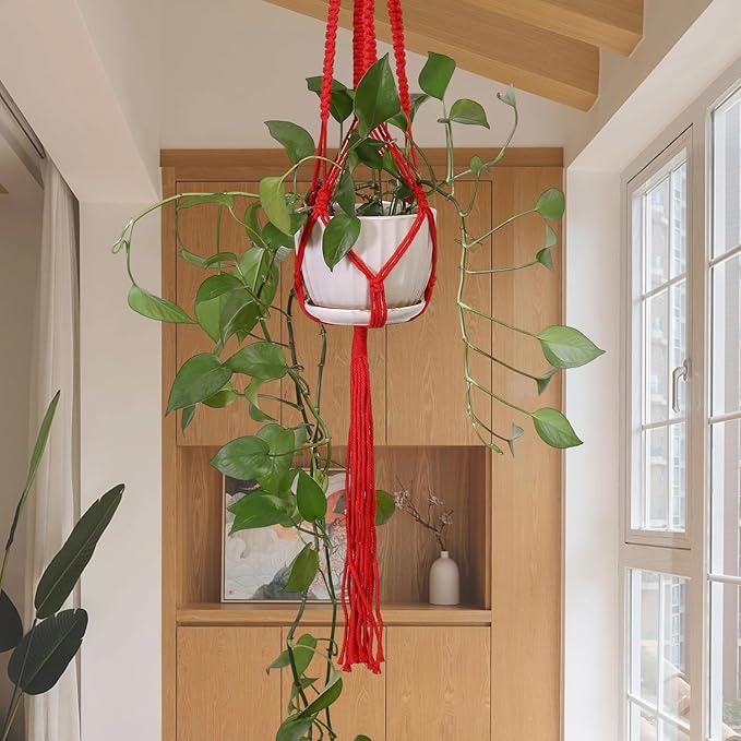 Macrame Plant Hangers Indoor Macrame Hanging Planters for Indoor Plants - 6 Pack Hanging Plant Holders Indoor Hanging, Macromay Plant Hangers for Indoor Plant Hanger, Boho & Home Decor (Red)