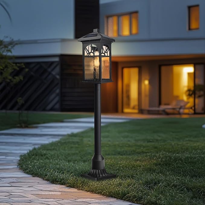 31" Solar Pathway Lights Outdoor, Black Aluminum Bollard Lighting with Remote Control - Dusk to Dawn LED Post Light, IP44 Waterproof for Lawn, Patio, Driveway & Backyard Decor (Bulb Included)