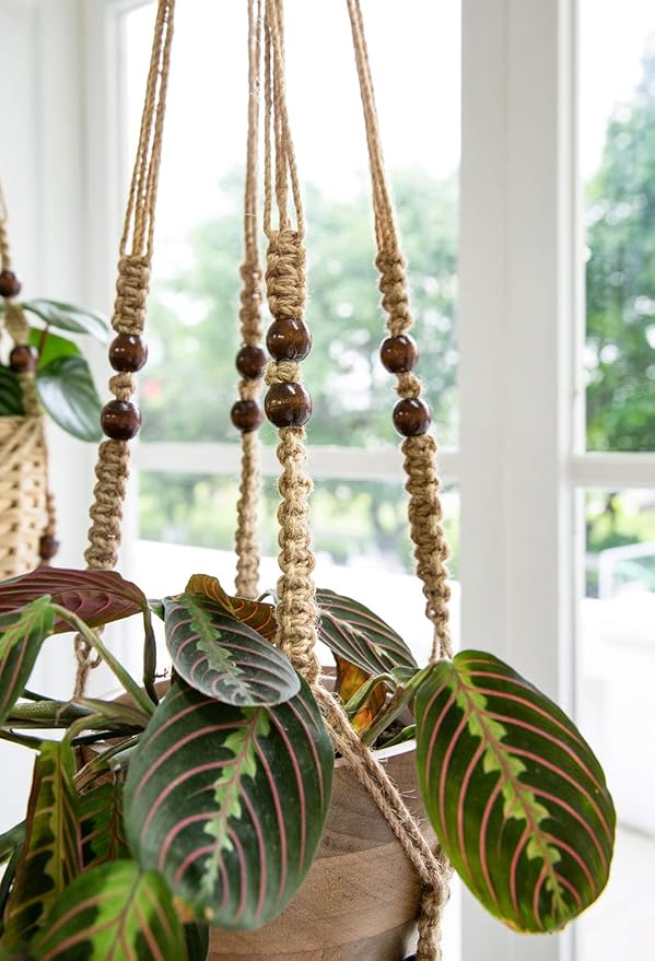 Mkono Macrame Plant Hanger Indoor Jute Hanging Planter Basket with Wood Beads Decorative Flower Pot Holder No Tassels for Indoor Outdoor Boho Home Decor 35 Inch, Brown, Set of 1 (POTS NOT Included)