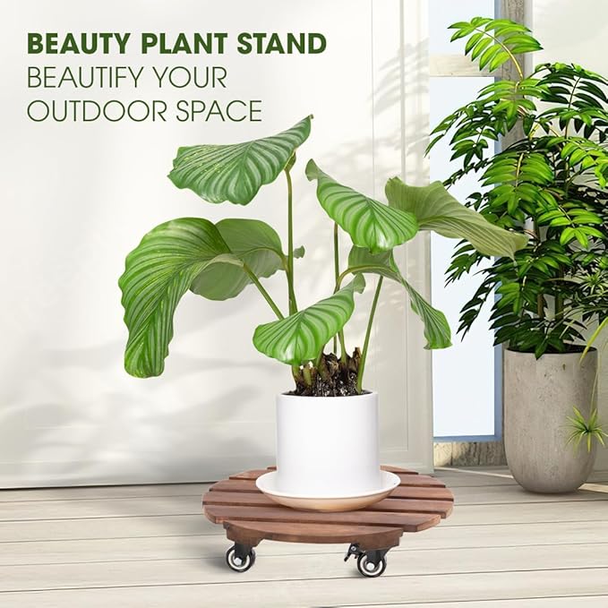 2pack Wood Plant Caddy With Wheels Heavy Duty Red Brown, 264 Lbs Capacity, 12 Inch Acacia Hardwood Plant Dolly, Plant Stand with 360° Lockable Wheels for Plant Pots, Heavy Objects Hauling