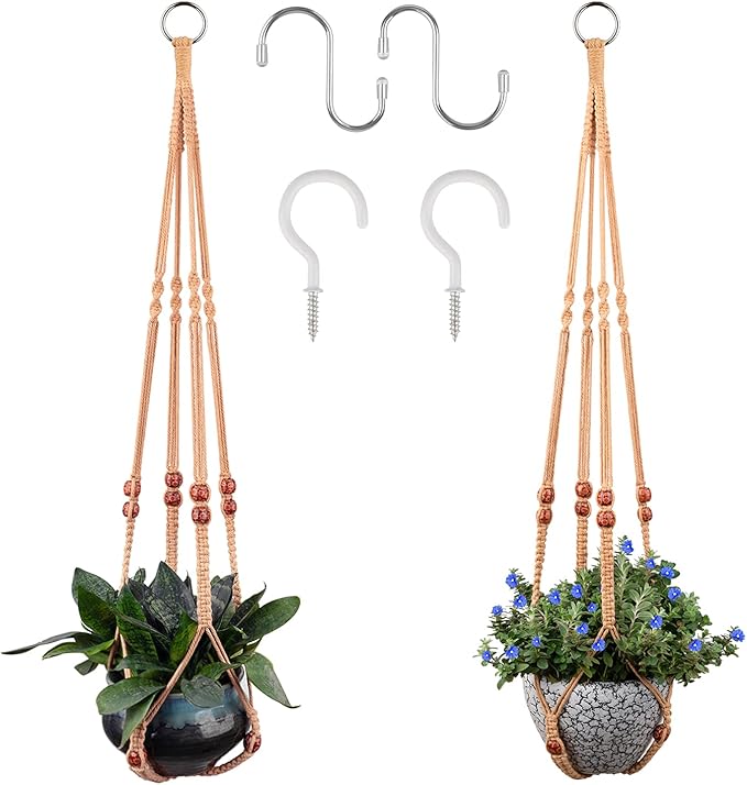 Macrame Plant Hanger for 5 to 10 Inch Plant Pots, Set of 2 Indoor Handmade 35 Inch Woven Rope Hanger Kits with Hooks and Wood Beads, Hanging Planter Basket Holder for Boho Home Decor (Brown, 2 Pack)