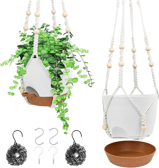 Hanging Planters for Indoor Outdoor Plants, 2 Pack Self Watering Hanging Pot with Drainage Holes, Removable Tray & 2 Kinds of Plant Hangers, 8'' Hanging Flower Pots for Home Garden Decor, White