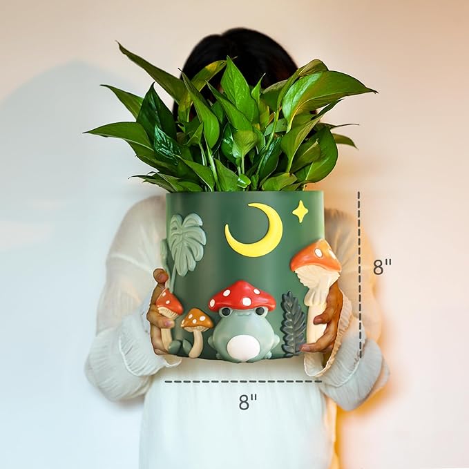 GUGUGO 8 Inch Colorful Frog Garden Planters Cute Unique Rainbow Planter with Drainage, Vintage Retro Mushroom Flower Plant pots for Indoor Plants, Eclectic Succulent Gardening Pot for Home Décor-B