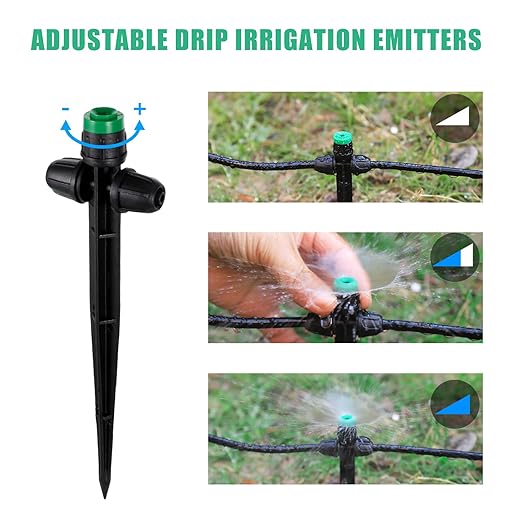 30pcs Drip Irrigation Emitters Sprayer for 1/4" Drip Irrigation Tubing Adjustable 360 Degree Water Flow Drippers on 6.5" Sturdy Stake with Lock Barbed Irrigation Drippers